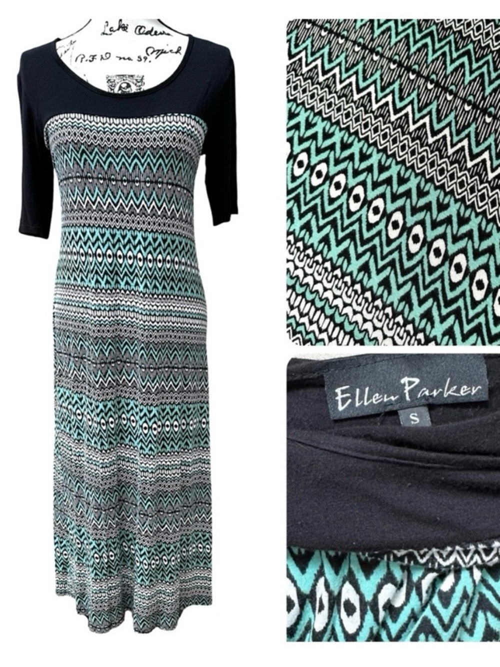 Ellen Parker Maxi Dress Black Teal Pattern Stretch Short Sleeve S M